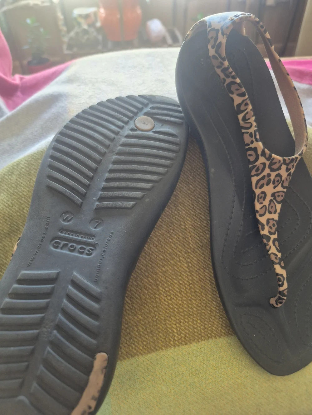 CROCS Leopard-Print T-Strap Sandals with Black Footbed